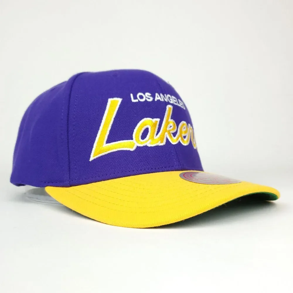 LA Lakers Mitchell‎ & Ness NBA Pro Fit Snapback Hat Cap Script Logo Purple NWT